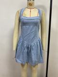 Women Summer Solid Backless Denim Dress