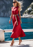 Women summer solid Dress with waist tie