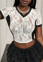 Women Summer Sexy Lacemesh See-Through V-Neck Short Sleeve Crop T-shirt Women Summer Sexy Lacemesh See-Through V-Neck Short Sleeve Crop T-shirt