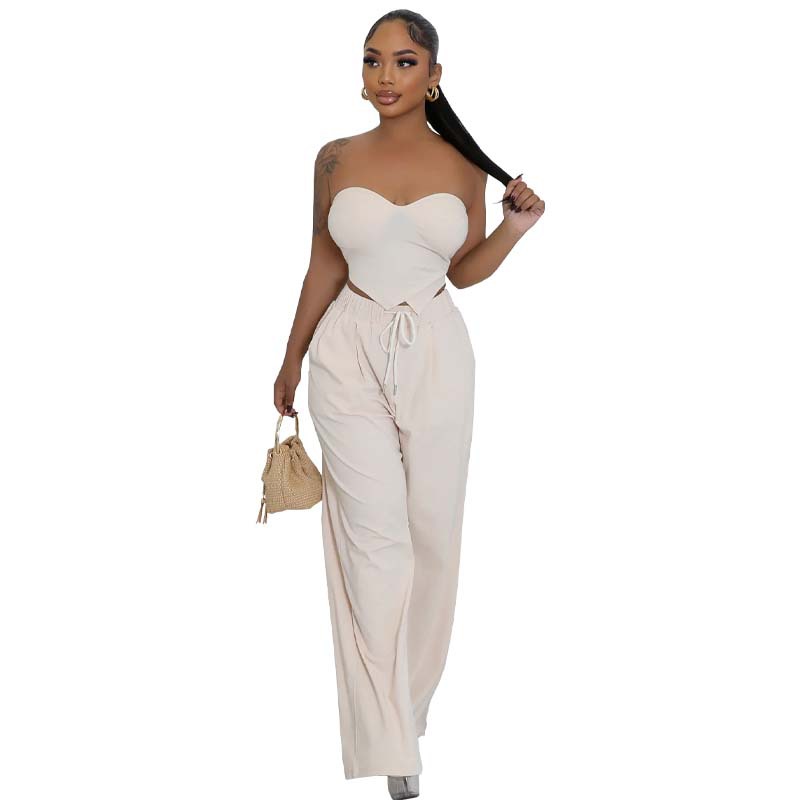 Women heart-shaped Strapless Top and Casual trousers two-piece set