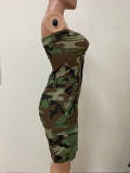 Women Strapless cardigan button camouflage pocket Cargo Romper