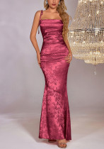 Women sexy Backless Jacquard Lace-Up Bodycon Fishtail Maxi Dress