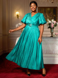 Plus Size Women V-neck puff sleeve pleated Maxi dress