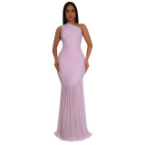 Women Slash Shoulder Sexy See-Through Solid Dress