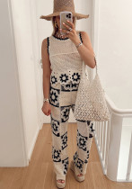 Women Spring Summer Crochet Hollow Flower Round Neck Sleeveless Knitting Top and Square Wide Leg Pants Two-piece Set Women Spring Summer Crochet Hollow Flower Round Neck Sleeveless Knitting Top and Square Wide Leg Pants Two-piece Set