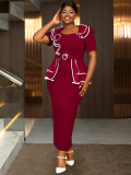 Plus Size Women V-neck ruffled contrast color short sleeve bodycon dress