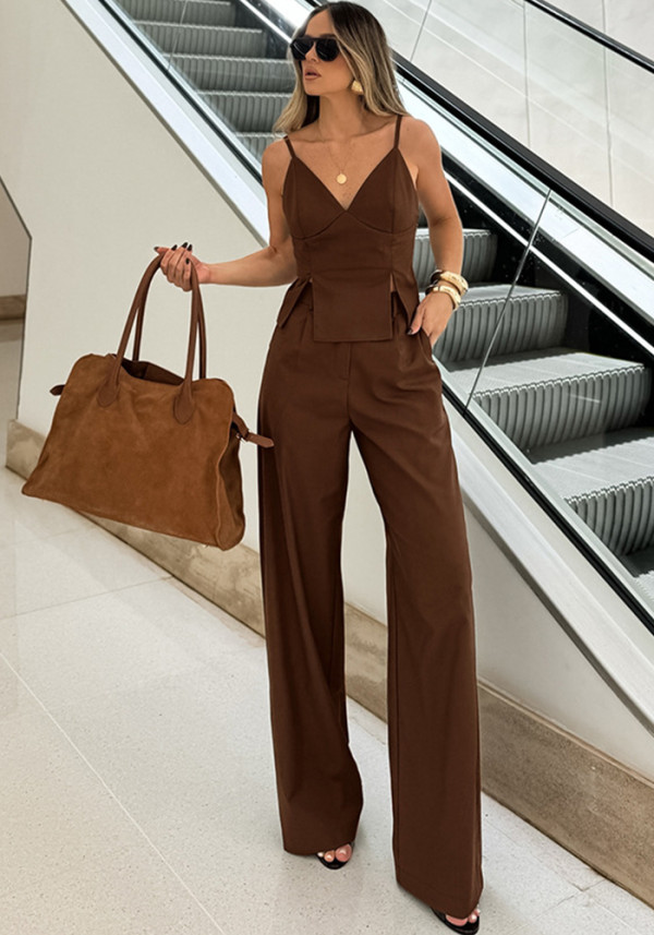 Women Brown Sleeveless Suspender V-Neck Slit Tank Top Long Pants Two-piece Set