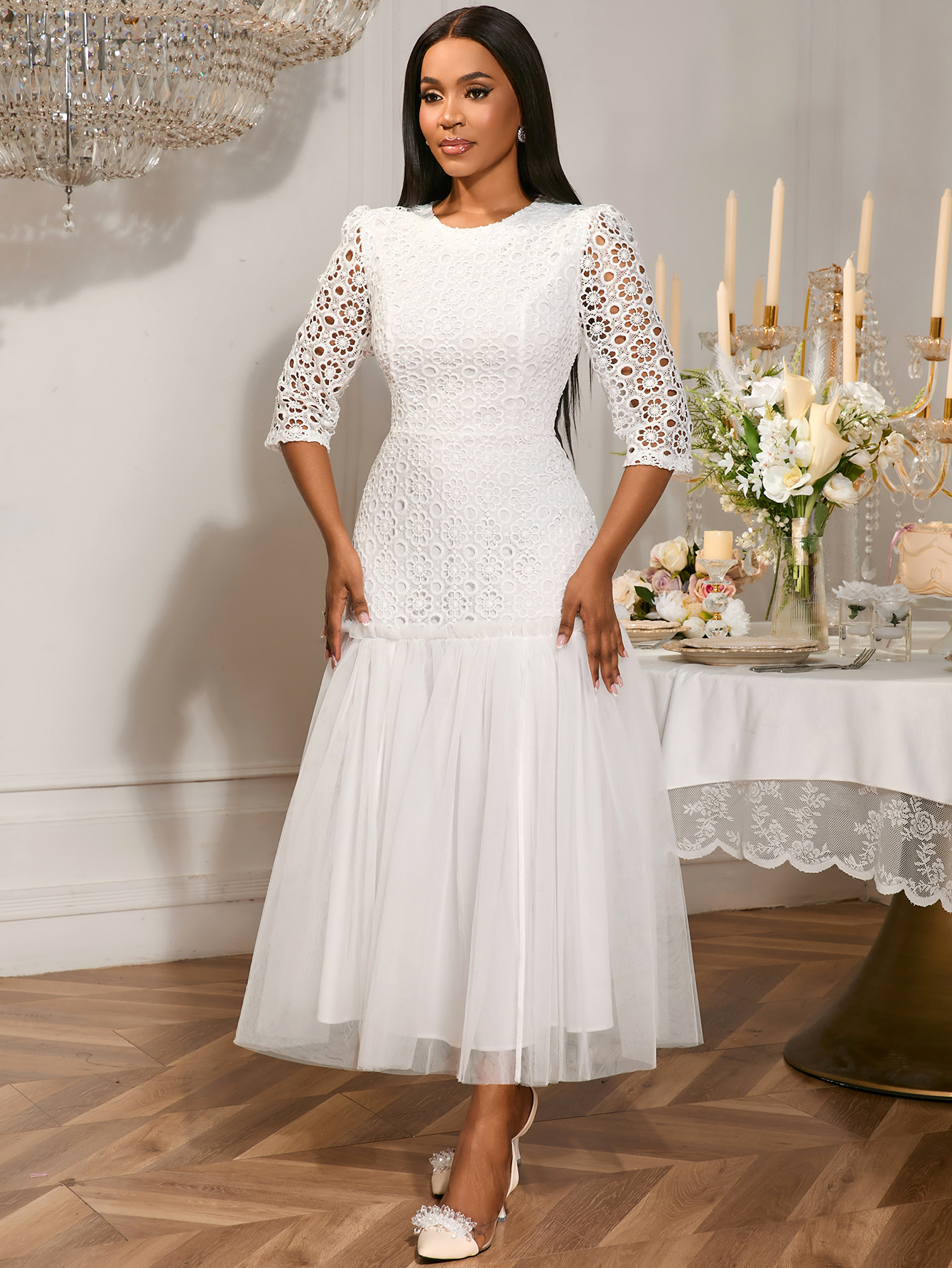 Women Party Round Neck Lace Wedding Reception Patchwork Fishtail Dresses