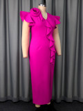 Women V-Neck Ruffle Slit Formal Party dress