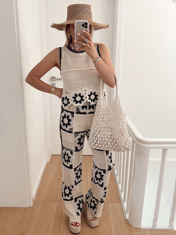 Women Spring Summer Crochet Hollow Flower Round Neck Sleeveless Knitting Top and Square Wide Leg Pants Two-piece Set