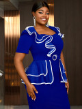 Plus Size Women V-neck ruffled contrast color short sleeve bodycon dress