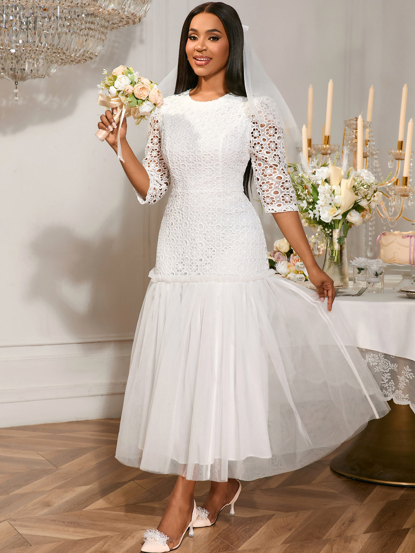 Women Party Round Neck Lace Wedding Reception Patchwork Fishtail Dresses