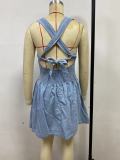 Women Summer Solid Backless Denim Dress