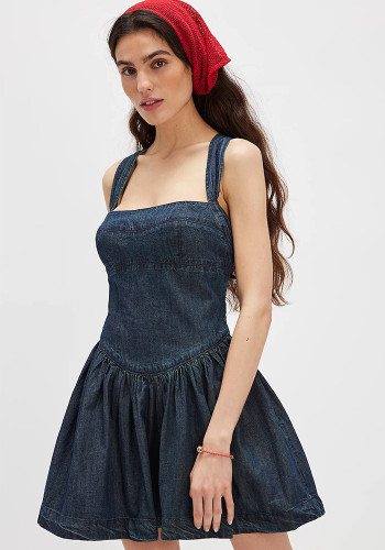 Women Summer Solid Backless Denim Dress