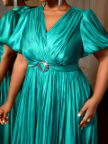 Plus Size Women V-neck puff sleeve pleated Maxi dress