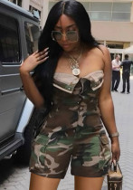 Women Strapless cardigan button camouflage pocket Cargo Romper