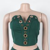 Women elegant elastic metal buckle decorated V-neck Top and Pants two-piece set