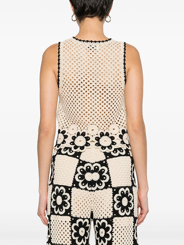 Women Spring Summer Crochet Hollow Flower Round Neck Sleeveless Knitting Top and Square Wide Leg Pants Two-piece Set