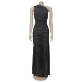 Women Slash Shoulder Sexy See-Through Solid Dress