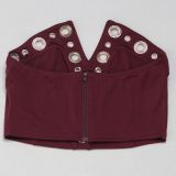 Women elegant elastic metal buckle decorated V-neck Top and Pants two-piece set