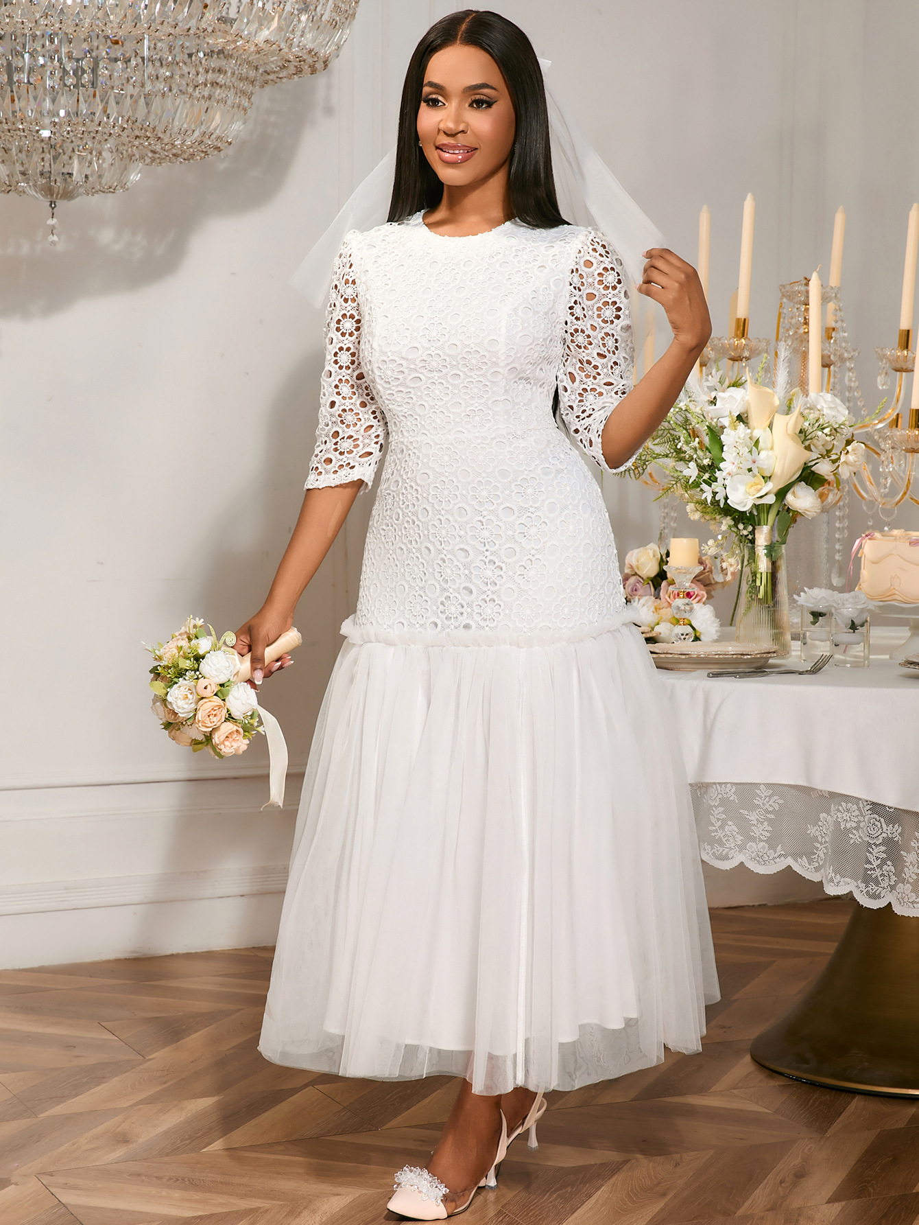 Women Party Round Neck Lace Wedding Reception Patchwork Fishtail Dresses