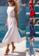 Women summer solid Dress with waist tie