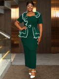 Plus Size Women V-neck ruffled contrast color short sleeve bodycon dress