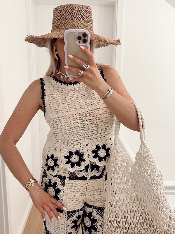Women Spring Summer Crochet Hollow Flower Round Neck Sleeveless Knitting Top and Square Wide Leg Pants Two-piece Set