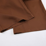 Women Brown Sleeveless Suspender V-Neck Slit Tank Top Long Pants Two-piece Set