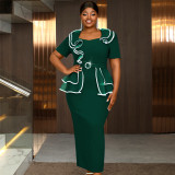 Plus Size Women V-neck ruffled contrast color short sleeve bodycon dress