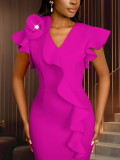 Women V-Neck Ruffle Slit Formal Party dress