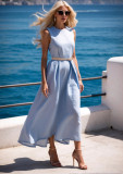 Women summer solid Dress with waist tie