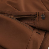 Women Brown Sleeveless Suspender V-Neck Slit Tank Top Long Pants Two-piece Set