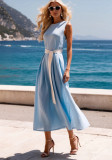 Women summer solid Dress with waist tie