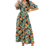 Women ruffled Bat Sleeves V-neck Bohemian beach Holidays dress