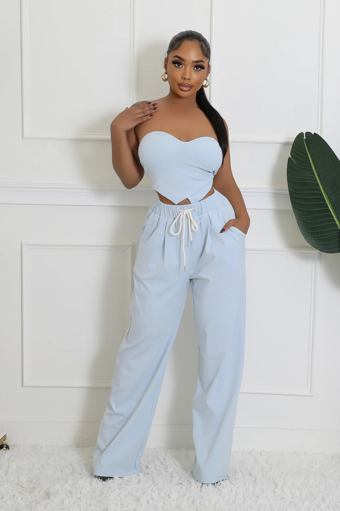 Women heart-shaped Strapless Top and Casual trousers two-piece set
