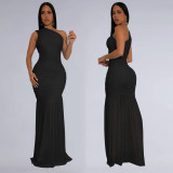 Women Slash Shoulder Sexy See-Through Solid Dress