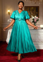 Plus Size Women V-neck puff sleeve pleated Maxi dress