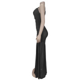 Women Slash Shoulder Sexy See-Through Solid Dress