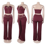 Women elegant elastic metal buckle decorated V-neck Top and Pants two-piece set