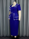 Plus Size Women V-neck ruffled contrast color short sleeve bodycon dress