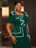 Plus Size Women V-neck ruffled contrast color short sleeve bodycon dress
