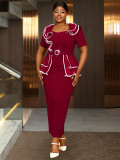 Plus Size Women V-neck ruffled contrast color short sleeve bodycon dress