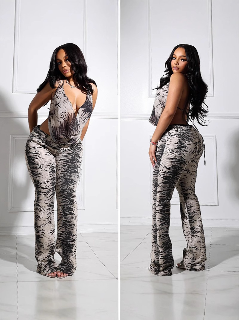 Women sexy Backless Zebra Print Mesh Top and Long Pants Two-piece