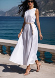 Women summer solid Dress with waist tie
