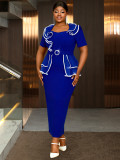 Plus Size Women V-neck ruffled contrast color short sleeve bodycon dress