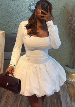 Women summer square neck solid long-sleeved flower bud dress Women summer square neck solid long-sleeved flower bud dress