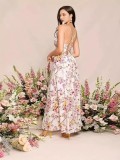 Women Summer Floral Print Square Neck Slit Lace Sexy Dress