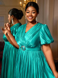 Plus Size Women V-neck puff sleeve pleated Maxi dress