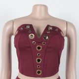 Women elegant elastic metal buckle decorated V-neck Top and Pants two-piece set